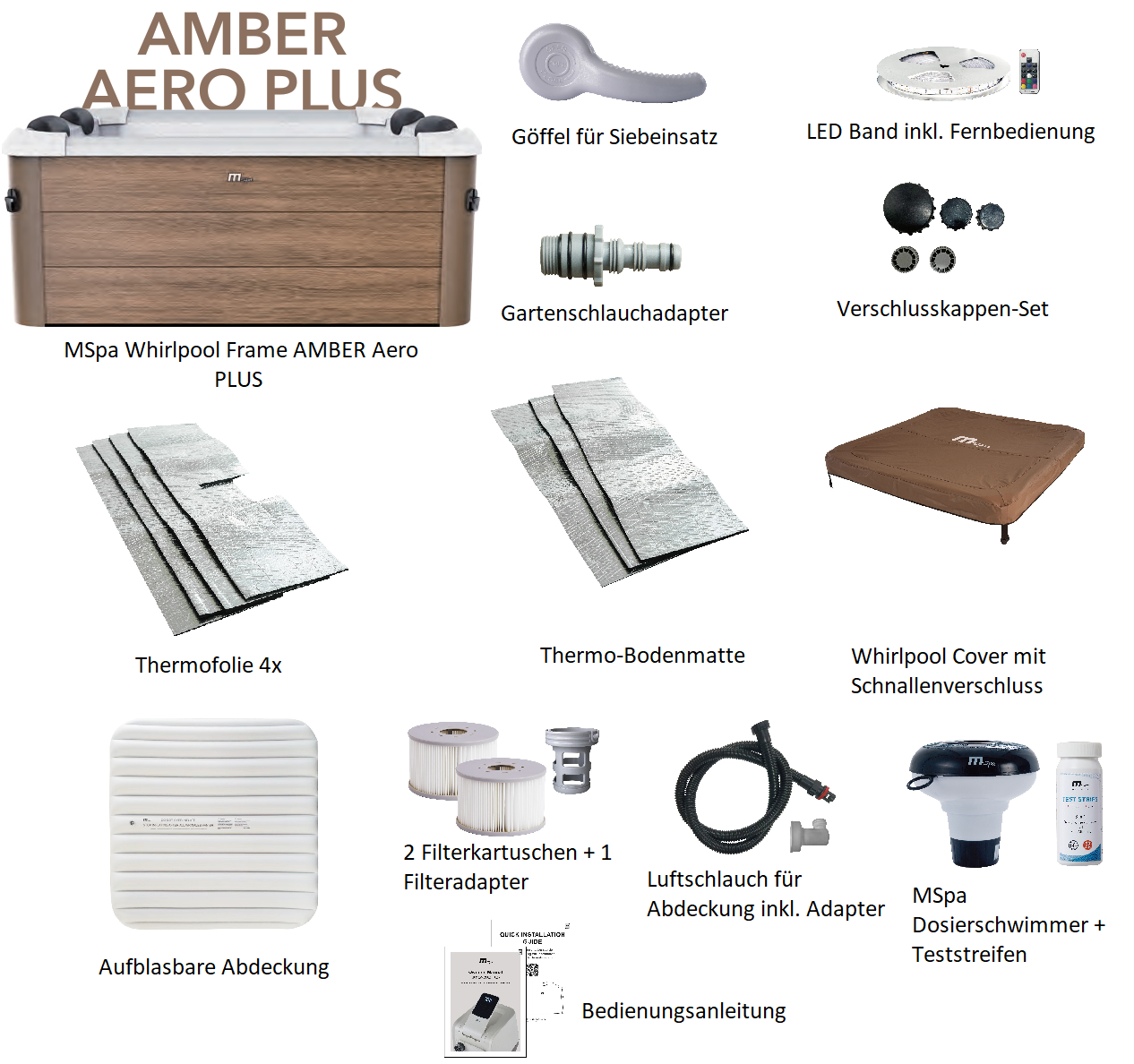 MSpa Whirlpool NEU AMBER AERO PLUS 2026 XXL 180cm inkl. App, LED, 8 Hydromassagedüsen, 140 Luftdüsen